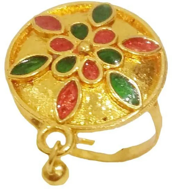 (Pack_Of_2)_Assamese_Traditional_Copper_Gold_Plated_Red_Green_Colour_Finger-Ring_For_Girls_&_Women